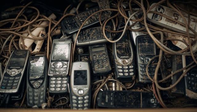 Vintage feature phones piled with cracked screens and tangled cables in e-waste crate