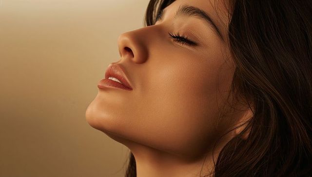 Serene beauty portrait: woman tilting head back, closing eyes, showcasing soft warm makeup