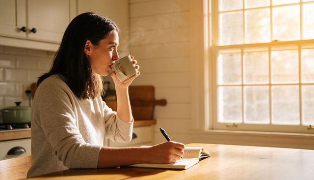 Woman sipping coffee and journaling in cozy farmhouse kitchen bathed in morning sunlight