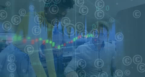 Diverse Business Team Analyzing Financial Data with Currency Overlay