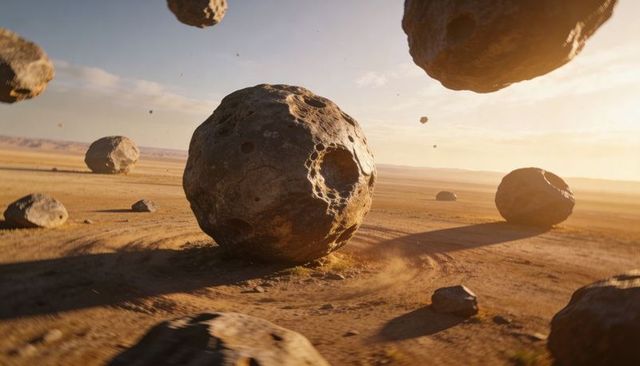 Rolling pitted boulder orbs kicking dust across golden desert plain at sunset cinematic