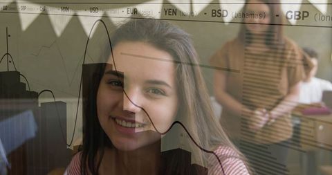Teen Student Engaging in Class with Financial Chart Overlay