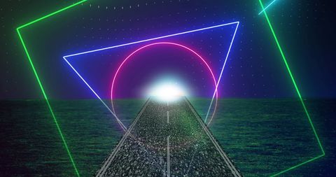 Futuristic Road with Neon Geometric Shapes and Digital Glow