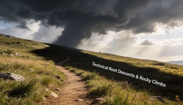 Winding dirt trail across grassy rocky hills leading toward dramatic storm clouds, sunlit sky
