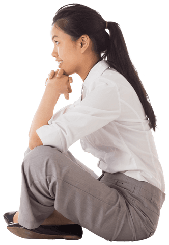 Transparent Businesswoman Sitting Cross Legged Thoughtful