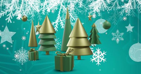 Festive Christmas Trees and Decorations on Green Background