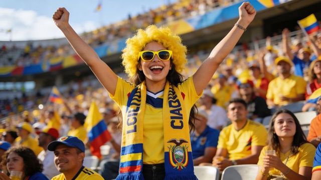 Ecuadorian woman cheering in stadium wearing yellow wig, sunglasses and team scarf during match