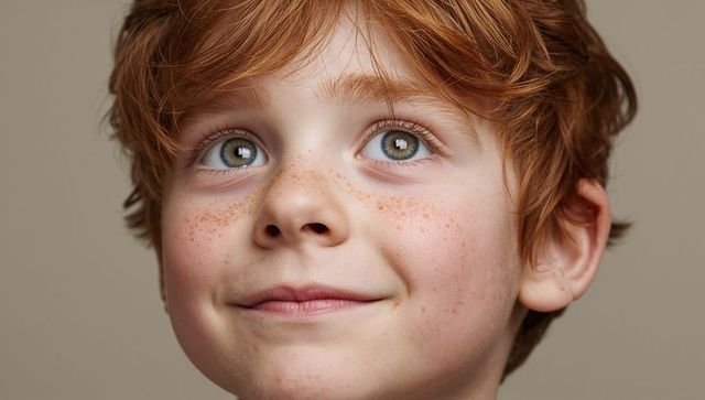 Red-haired freckled child gazing upward with hopeful smile headshot gentle expression