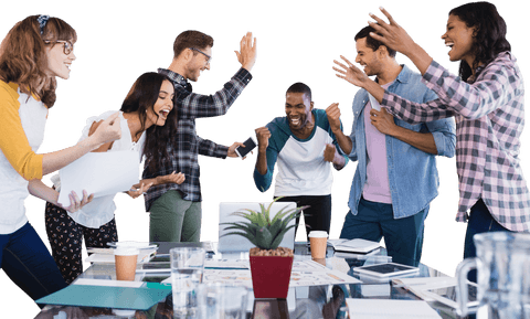 Cheerful transparent team celebrating success in office