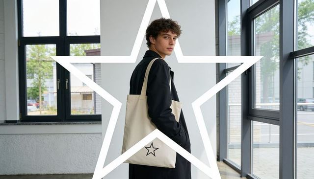Young man standing and glancing back with star canvas tote in minimalist lobby