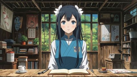 Anime-style girl practicing calligraphy in rustic study