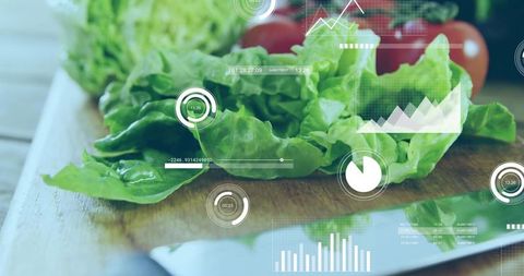 Fresh green lettuce on cutting board displaying smart kitchen food analytics overlay