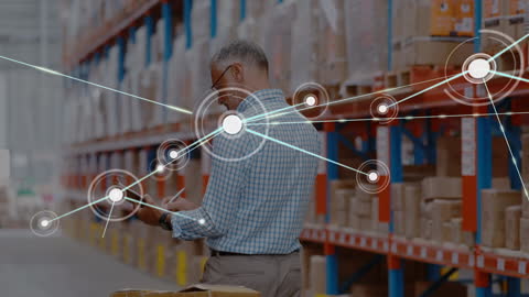 Warehouse Worker Analyzing Digital Network Data Visualization