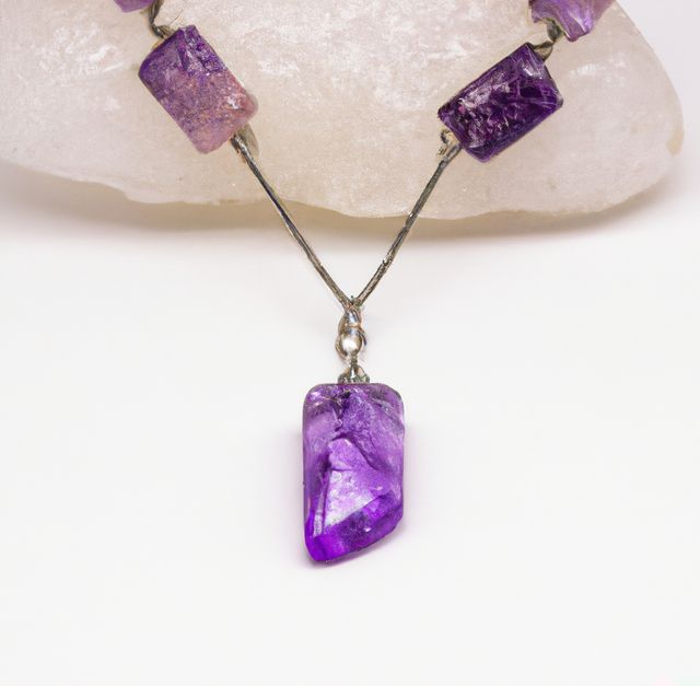 Image showing a close-up of a purple gemstone necklace against a white background, highlighting the intricate details and shine of the stones. Useful for jewelry designers, fashion articles, product catalogs, and promotional materials emphasizing luxury and handcrafted accessories.
