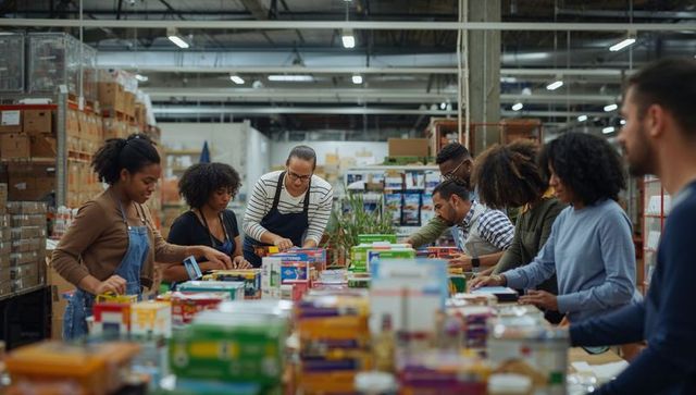 Volunteers packing food boxes on busy warehouse table for community food distribution