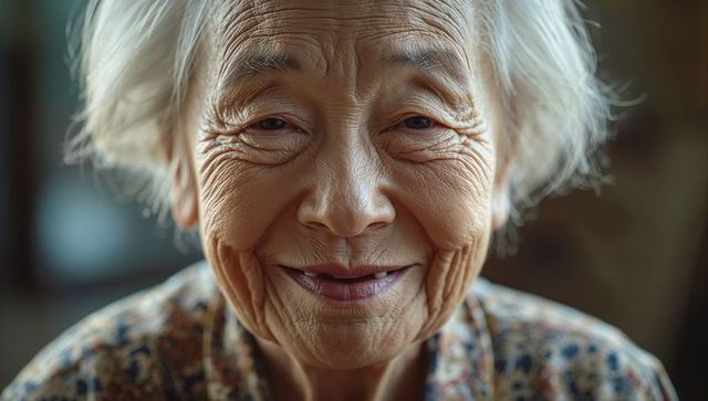 Smiling Senior Asian Woman in Subtle Natural Light