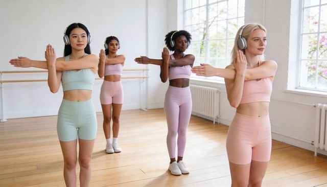Pastel Workout Quartet Stretching with Headphones for Guided Dance and Barre Warmup