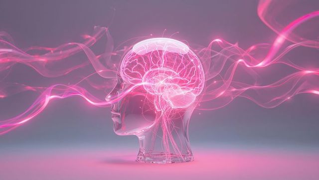 Glowing glass head revealing neon-pink brain circuitry and flowing light ribbons, futuristic 3D