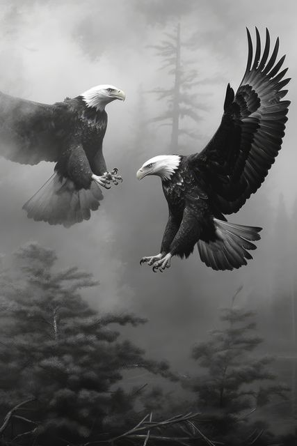 Two majestic bald eagles soar amidst a misty forest backdrop. Their powerful wings and focused expressions capture the essence of wildlife in its natural habitat.