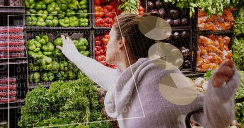Digital Data Overlay on Woman Requesting Produce at Grocery Store