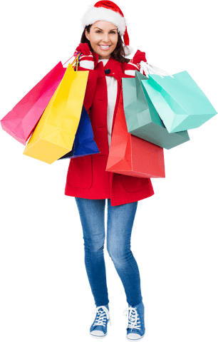 Brunette woman in santa hat holding shopping bags transparent background