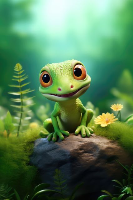Close up of cute gecko on stone in nature, created using generative ai technology. Wildlife and beauty and nature concept digitally generated image.