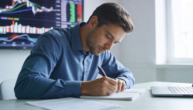 Focused financial analyst writing trading notes at desk with laptop and market charts