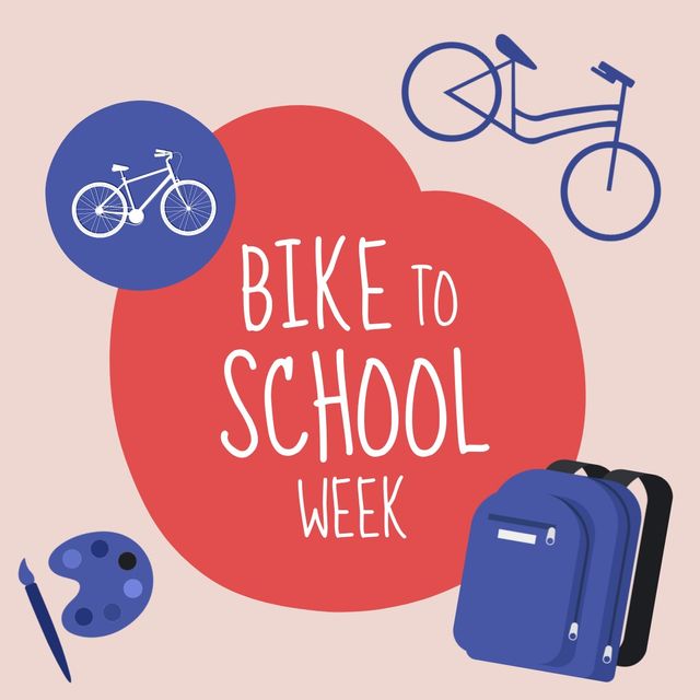Bike to school week text over red banner against school concept icons on pink background. Bike to school week awareness concept