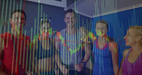 Smiling fitness group posing with kettlebell and bands, holding market chart overlay