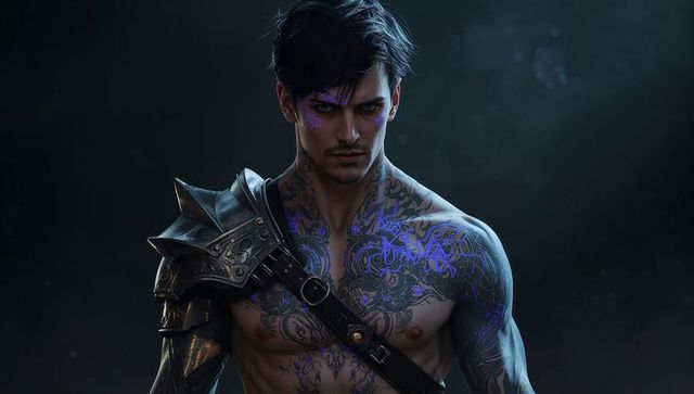 Shirtless Warrior With Glowing Tattoos in Mystical Cavern Setting