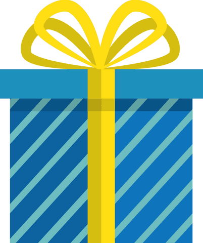 Flat gift box with stripes and yellow ribbon on transparent background