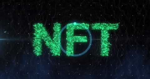 Glowing NFT Text with Falling Snow on Black Background