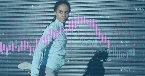 Athletic woman stretching with performance analytics overlay