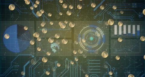 Bitcoin Animation on Data Interface Circuit Background