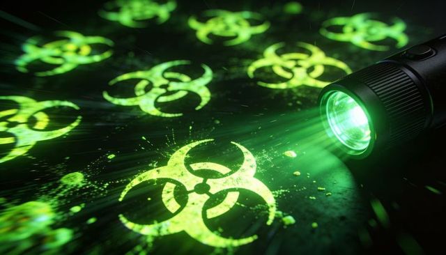 Green fluorescent biohazard symbols glowing under flashlight beam for contamination warning