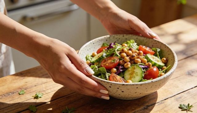 Manicured hands placing speckled bowl of fresh chickpea salad on sunlit wooden table