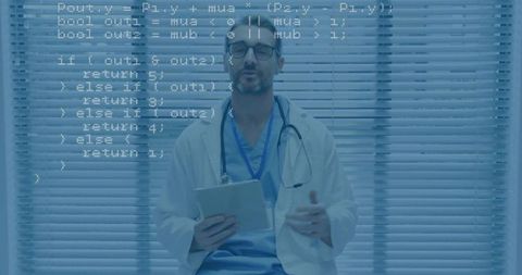 Doctor holding tablet gesturing by blinds with code overlay for telemedicine and ai