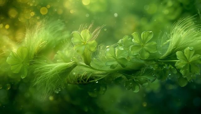 Feathery Clover Sprig Closeup with Dewdrops and Soft Bokeh Macro Green Foliage Background