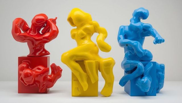 Vibrant primary color humanlike sculptures in modern gallery