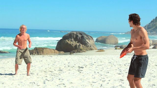 Two friends enjoying a casual game of Frisbee on a sandy beach during a sunny day. The ocean waves can be seen in the background under a clear blue sky. Suitable for use in content related to outdoor activities, leisure, summer fun, sports, and vacation destinations.