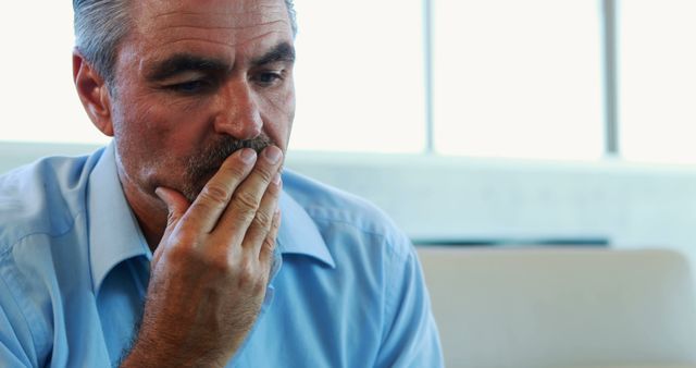 A middle-aged Caucasian man appears contemplative or worried, covering his mouth with his hand, with copy space. His expression suggests deep thought or concern, related to personal or professional issues.