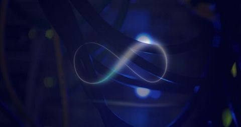 Neon infinity symbol with computer wires conveying endless technology