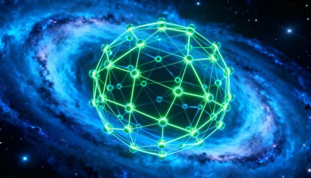 Hovering neon-green geodesic network orb above blue spiral galaxy