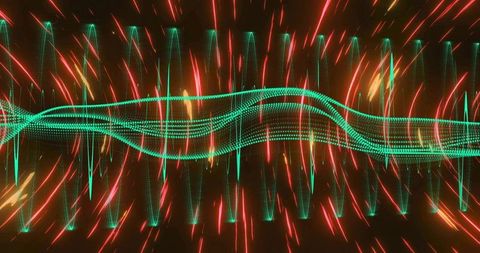 Pulsing neon waveform with dotted turquoise ribbon and red-orange particle streaks