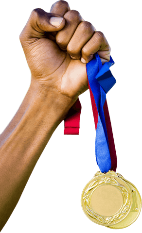 Transparent Hand of African American Sportsman Holding Gold Medal