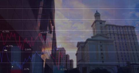 Financial Data Visualizations Overlaid on Modern Cityscape