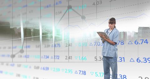 Female Doctor Reviewing Financial and Medical Data Metrics