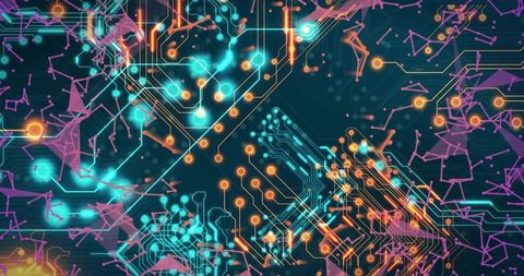 Neon circuitry network glowing with teal PCB traces and orange nodes on cyber mesh