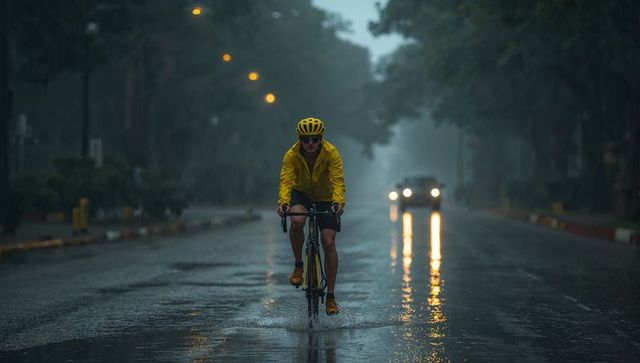 Cyclist in yellow gear biking through rainy suburban street at dusk