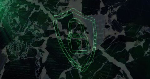 Cybersecurity Conceptual Graphic with Padlock and Shield Over Digital Matrix